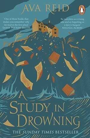 71DM4c6JkZL._SY466_ Books and pages falling from a house on a cliff into turbulent water.