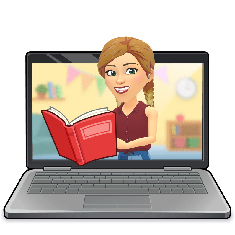 laptop reading no background A Bitmoji picture of Kate reading a book on a laptop screen
